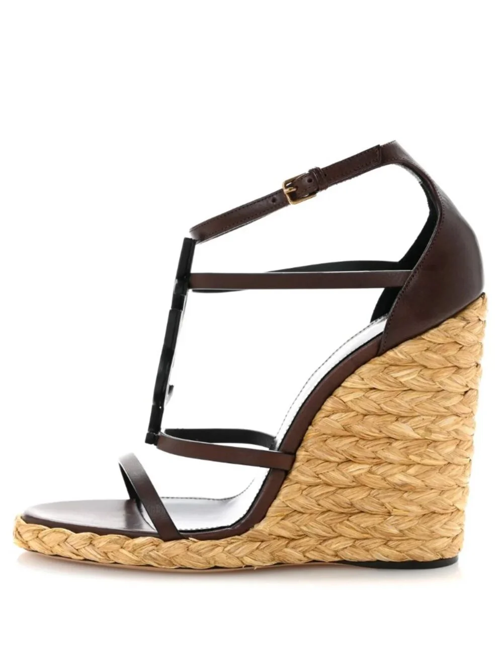 Saint Laurent Cassandra 105 Espadrille Wedge Sandals Brown Leather YSL NIB EU 39